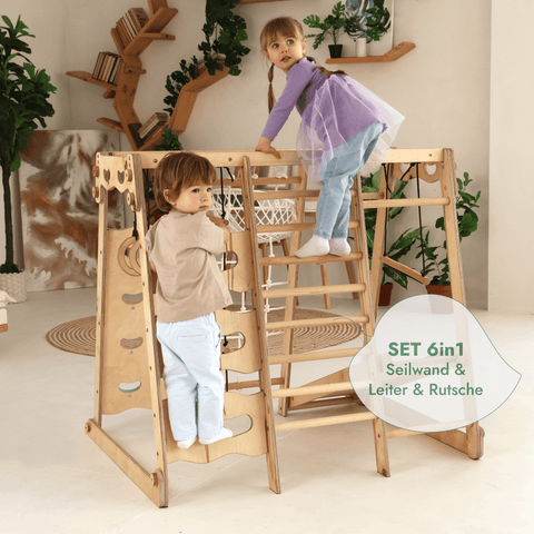 6-in-1 Montessori Indoor-Spielplatz aus Holz – Indoor & Outdoor Set für Kinder mit Schaukel, Rutsche, Seil & Treppe | Goodevas®