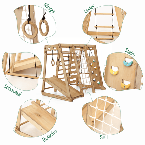 6-in-1 Montessori Indoor-Spielplatz aus Holz – Indoor & Outdoor Set für Kinder mit Schaukel, Rutsche, Seil & Treppe | Goodevas®