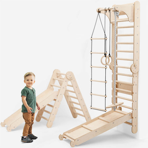 6in1 Kletterwand Indoor: Sprossenwand, Gymnastikringe, Hängende Leiter, Disc-Schaukel, Rutsche und Klimmzugstange für Kinder-0