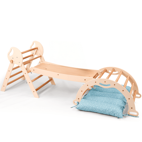 4-in-1 Montessori Kletterdreieck – Indoor & Outdoor Set für Kleinkinder mit Rutschbrett, Bogen & Kissen – Beige | Goodevas®
