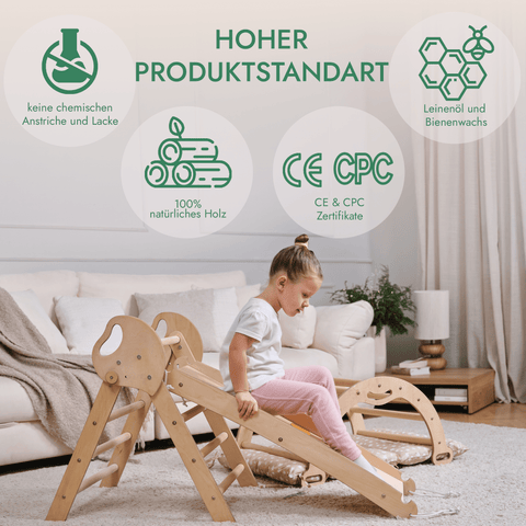 4-in-1 Montessori Kletterdreieck – Indoor & Outdoor Set für Kleinkinder mit Rutschbrett, Bogen & Kissen – Beige | Goodevas®