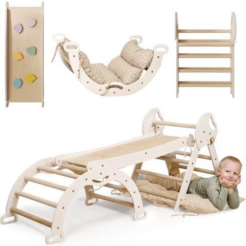 4-in-1 Montessori Kletterdreieck – Indoor & Outdoor Set für Kleinkinder mit Rutschbrett, Bogen & Kissen – Beige | Goodevas®