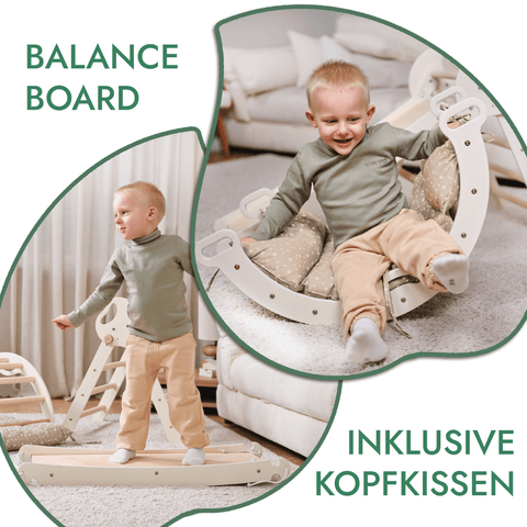4-in-1 Montessori Kletterdreieck – Indoor & Outdoor Set für Kleinkinder mit Rutschbrett, Bogen & Kissen – Beige | Goodevas®