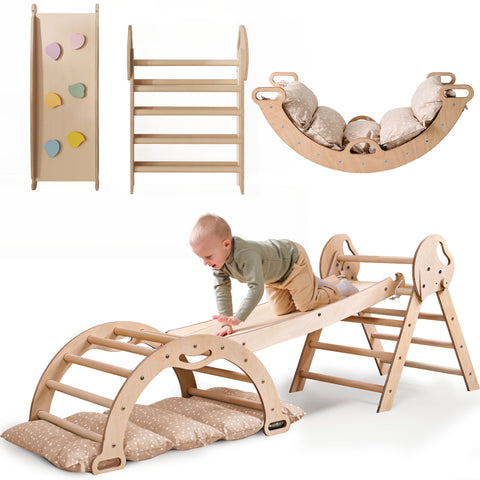4-in-1 Montessori Kletterdreieck – Indoor & Outdoor Set für Kleinkinder mit Rutschbrett, Bogen & Kissen – Beige | Goodevas®