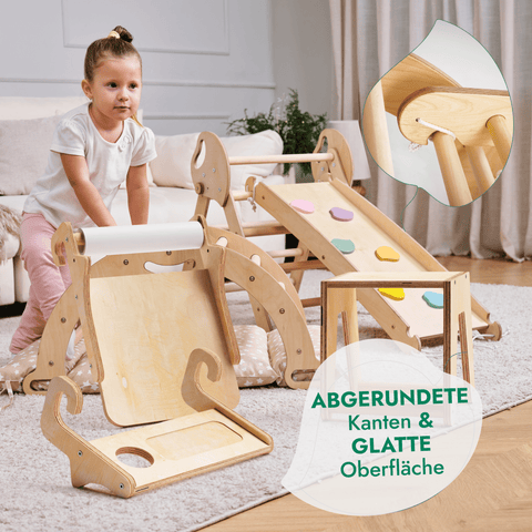 5-in-1 Montessori Kletterdreieck – Indoor & Outdoor Set für Babys & Kleinkinder mit Pikler-Dreieck, Bogen, Rutschbrett & Kissen | Goodevas®